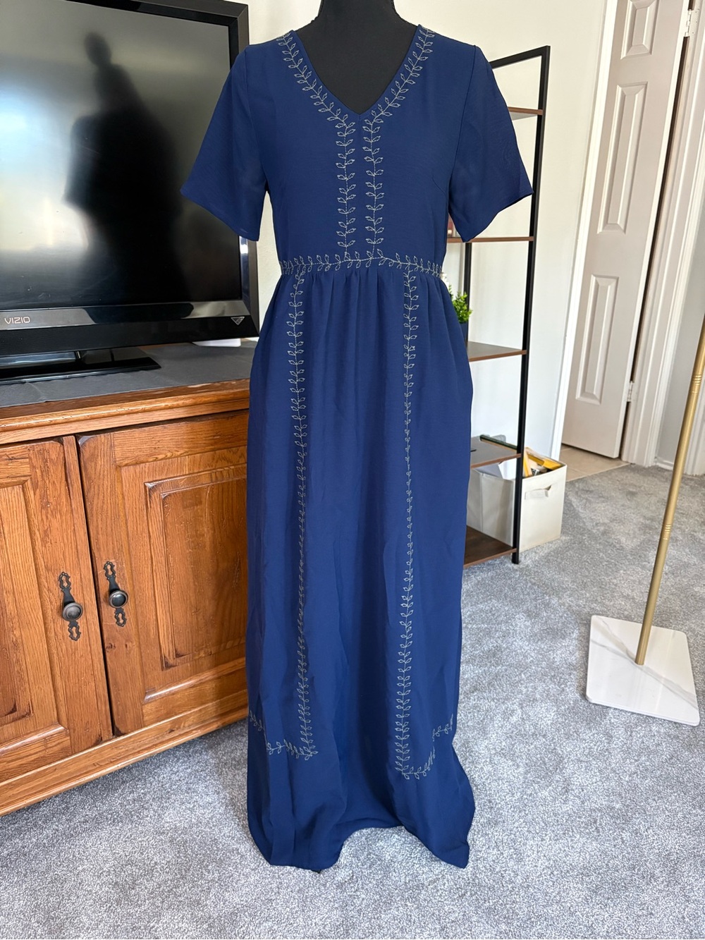 Roolee Navy V-Neck Embroidered Maxi Dress